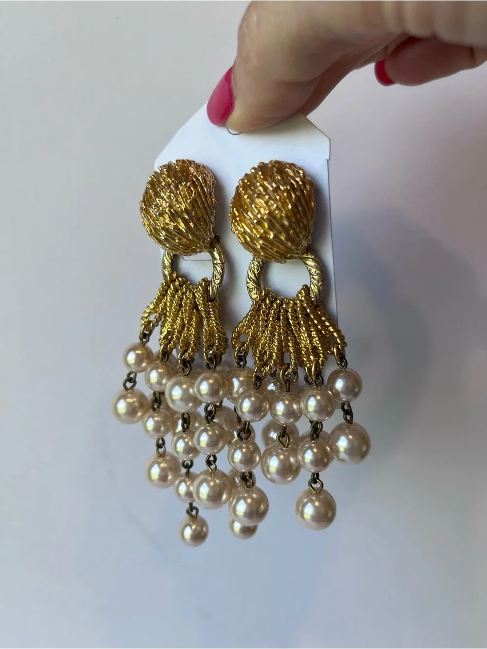 Vintage Gold Tone Pearls Chunky Statement Clip On Earrings 2 in 1 80’s